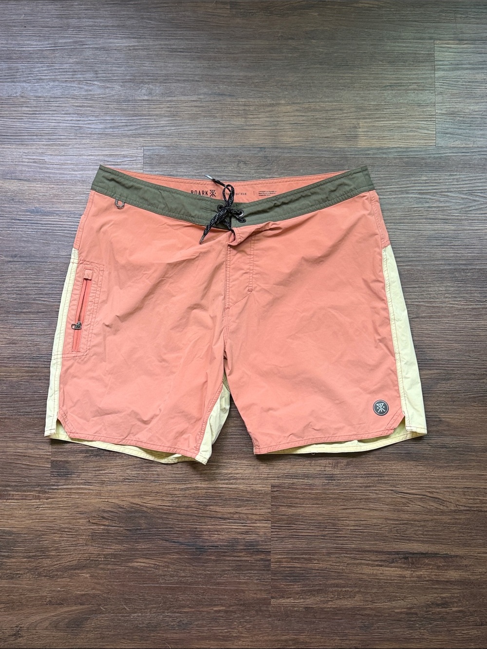 Roark Coral Swim Board Shorts with Cream Panels and Olive Waistband